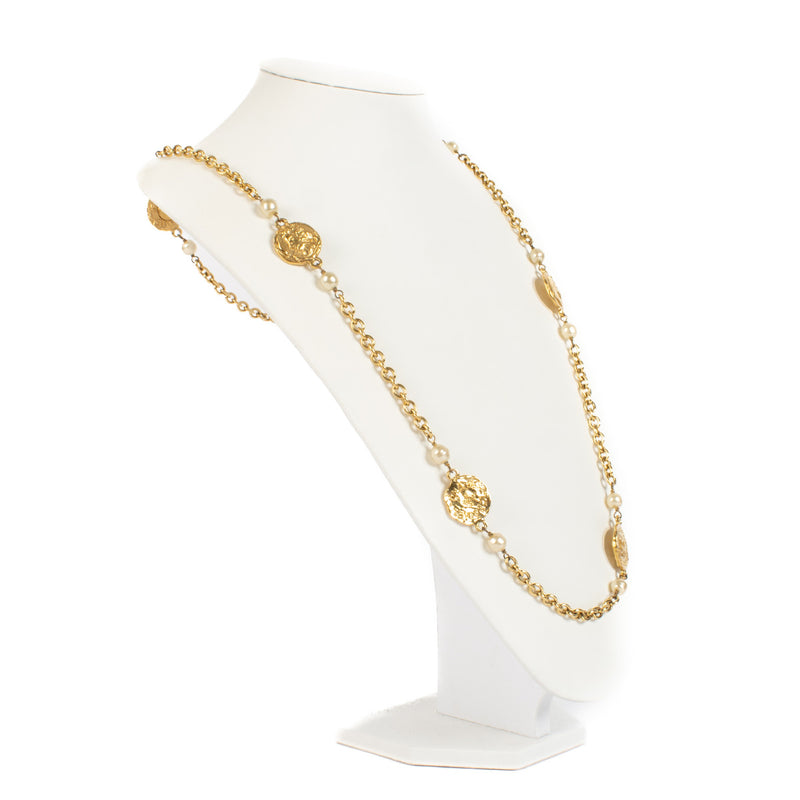 Chanel Gold-toned Metal Coin and Pearl Necklace