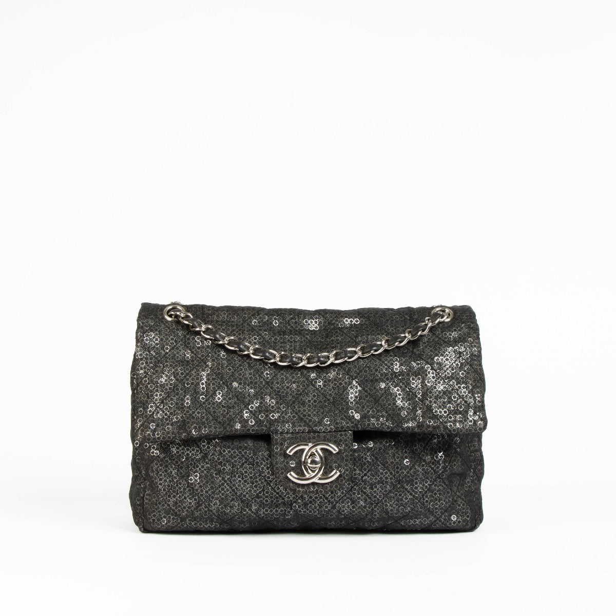 Shop this authentic Chanel Black Sequin Mesh Large Flap Bag pre-loved on Labellov.com
