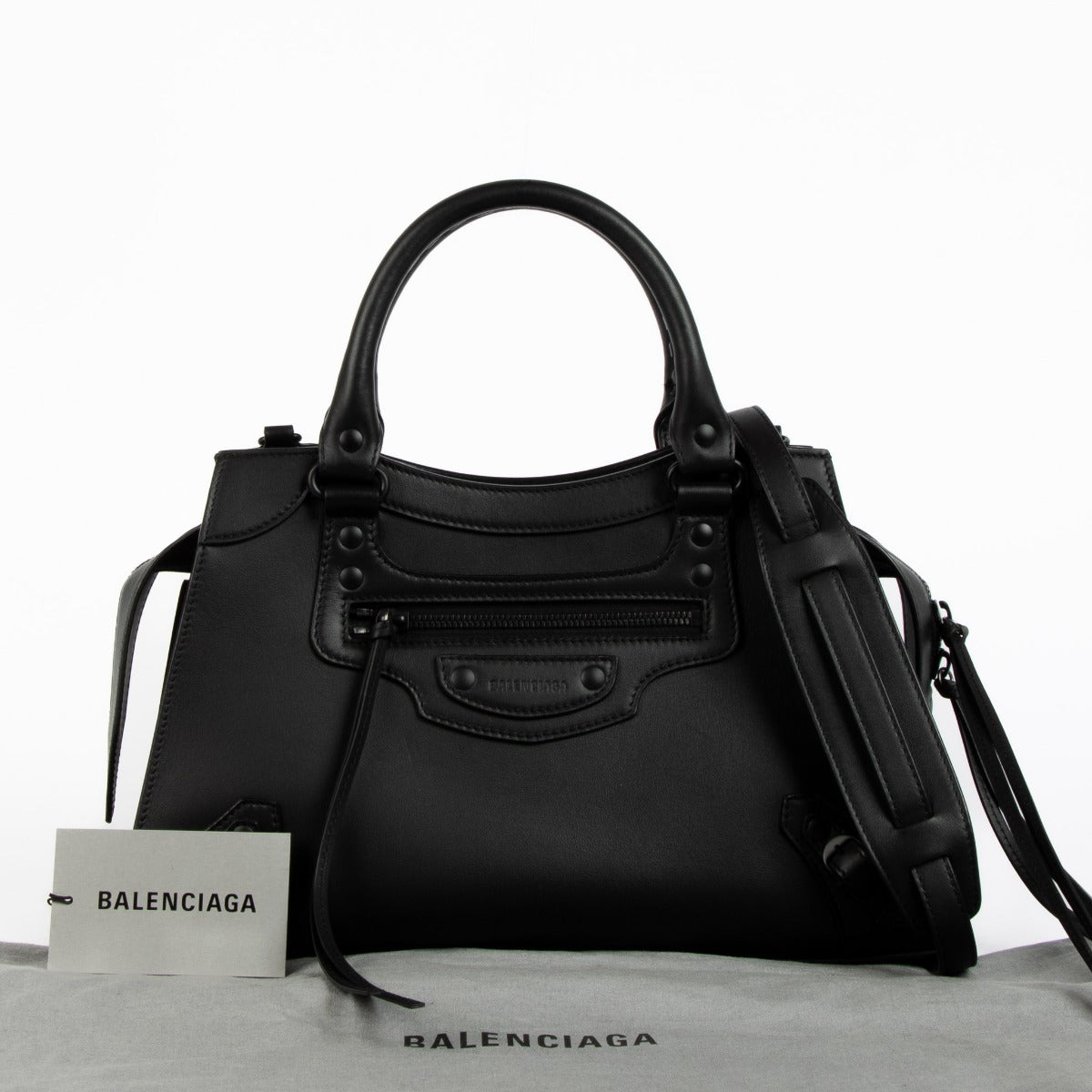 Balenciaga Black Neo Classic City Bag in black leather – iconic structured designer handbag with signature studs, top handles, and a detachable strap for timeless, versatile luxury.