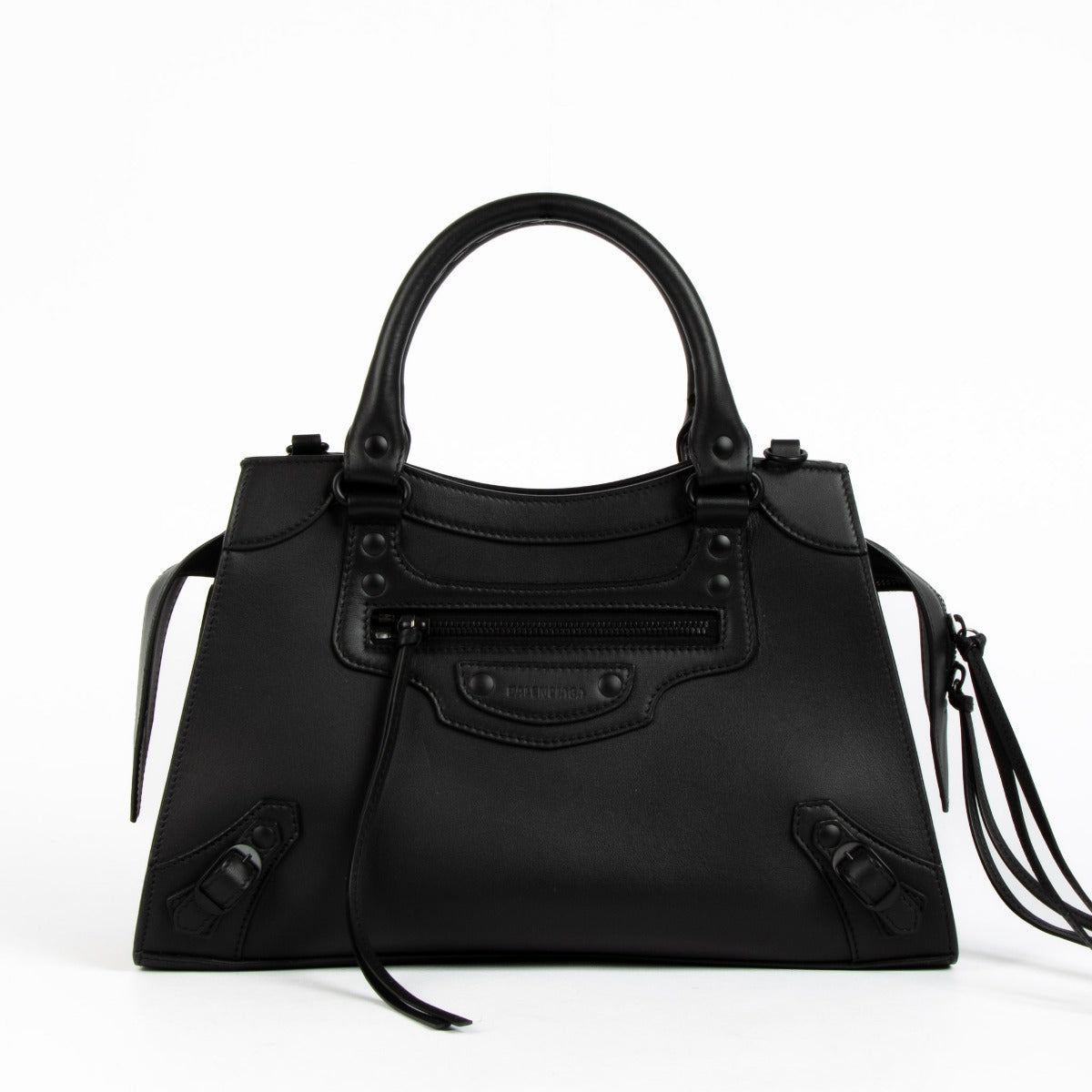 Balenciaga Black Neo Classic City Bag in black leather – iconic structured designer handbag with signature studs, top handles, and a detachable strap for timeless, versatile luxury.