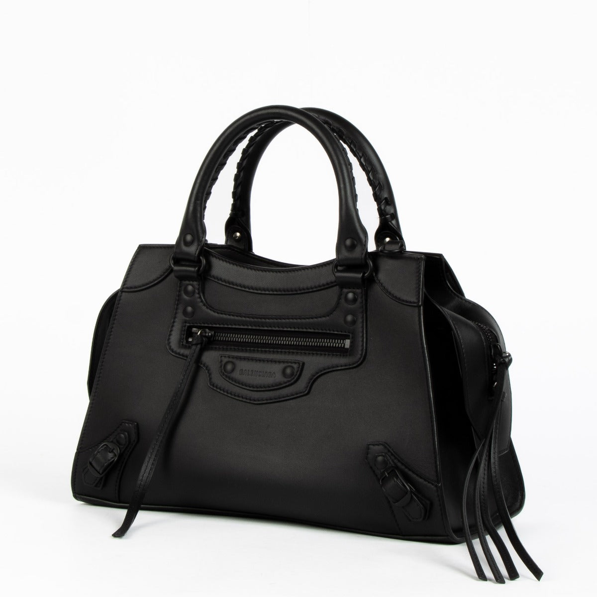 Balenciaga Black Neo Classic City Bag in black leather – iconic structured designer handbag with signature studs, top handles, and a detachable strap for timeless, versatile luxury.