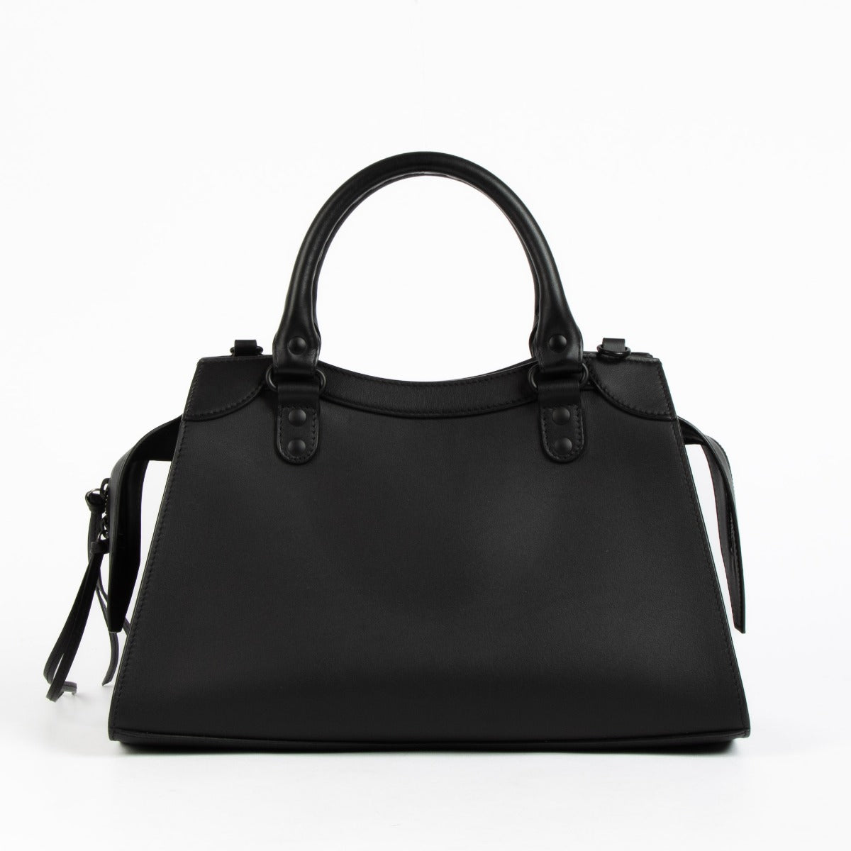 Balenciaga Black Neo Classic City Bag in black leather – iconic structured designer handbag with signature studs, top handles, and a detachable strap for timeless, versatile luxury.