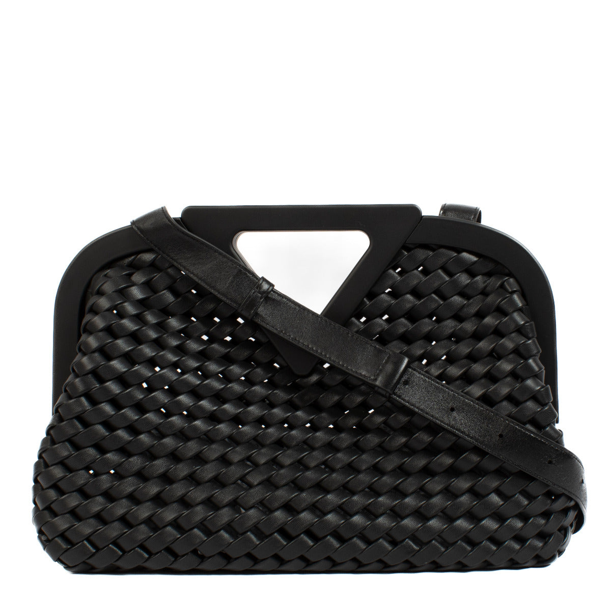 A modern classic, the Bottega Veneta Point Bag in black woven leather reimagines the brand's signature craftsmanship with contemporary flair. Featuring Bottega Veneta's iconic intrecciato weave, this bag showcases the artistry and precision synonymous wit
