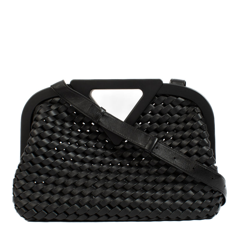 A modern classic, the Bottega Veneta Point Bag in black woven leather reimagines the brand's signature craftsmanship with contemporary flair. Featuring Bottega Veneta's iconic intrecciato weave, this bag showcases the artistry and precision synonymous wit