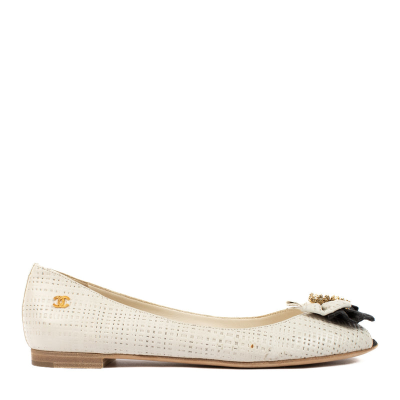 Chanel Beige Bow Peep-Toe Flats - size 40