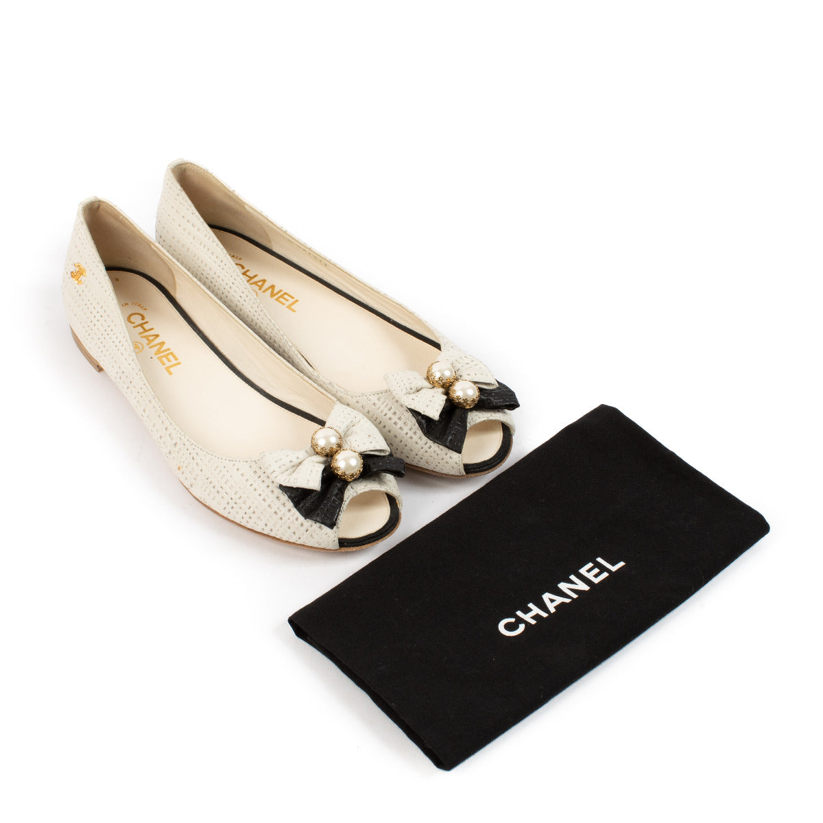 Chanel Beige Bow Peep-Toe Flats - size 40