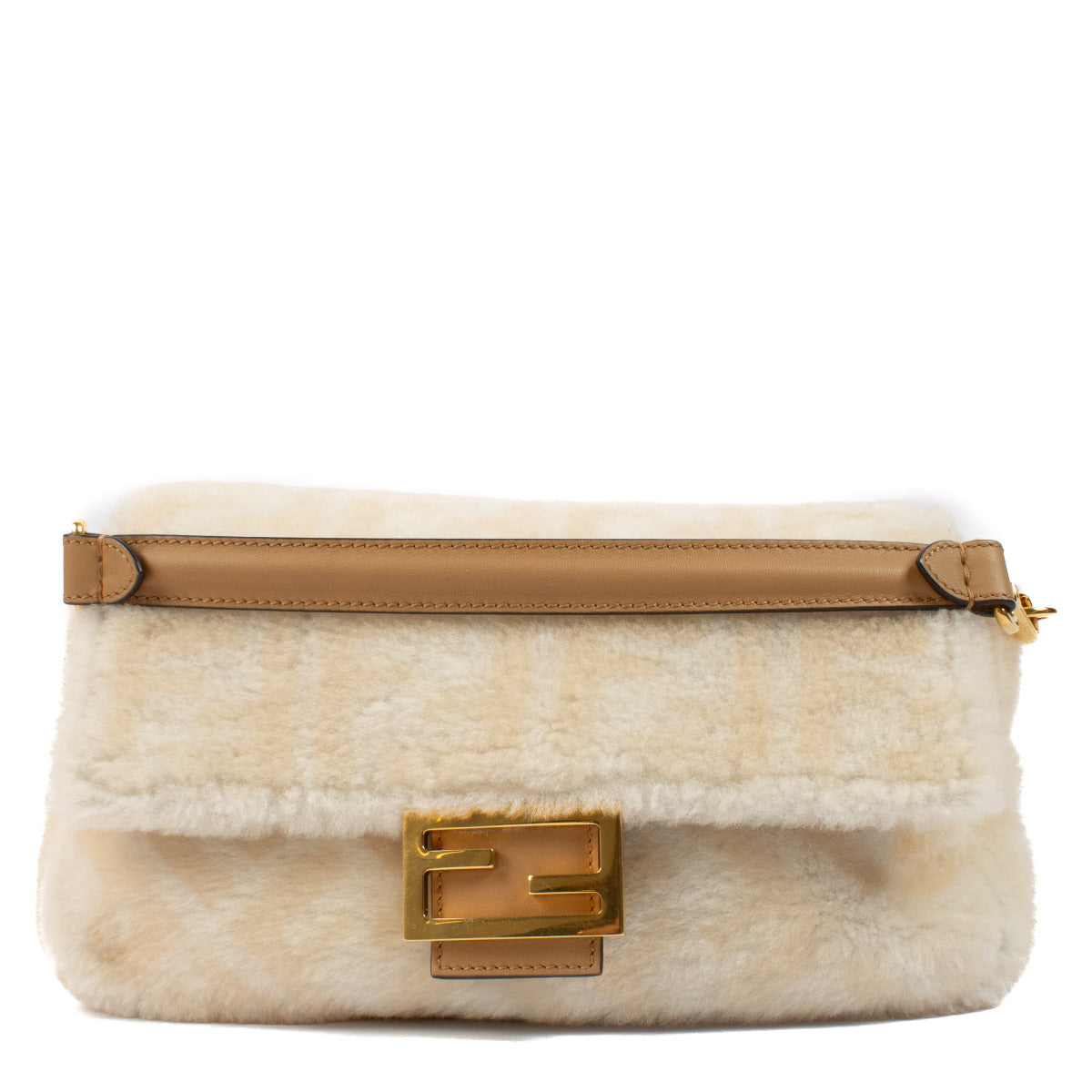 Sac Baguette Fendi en peau de mouton retournée crème FF