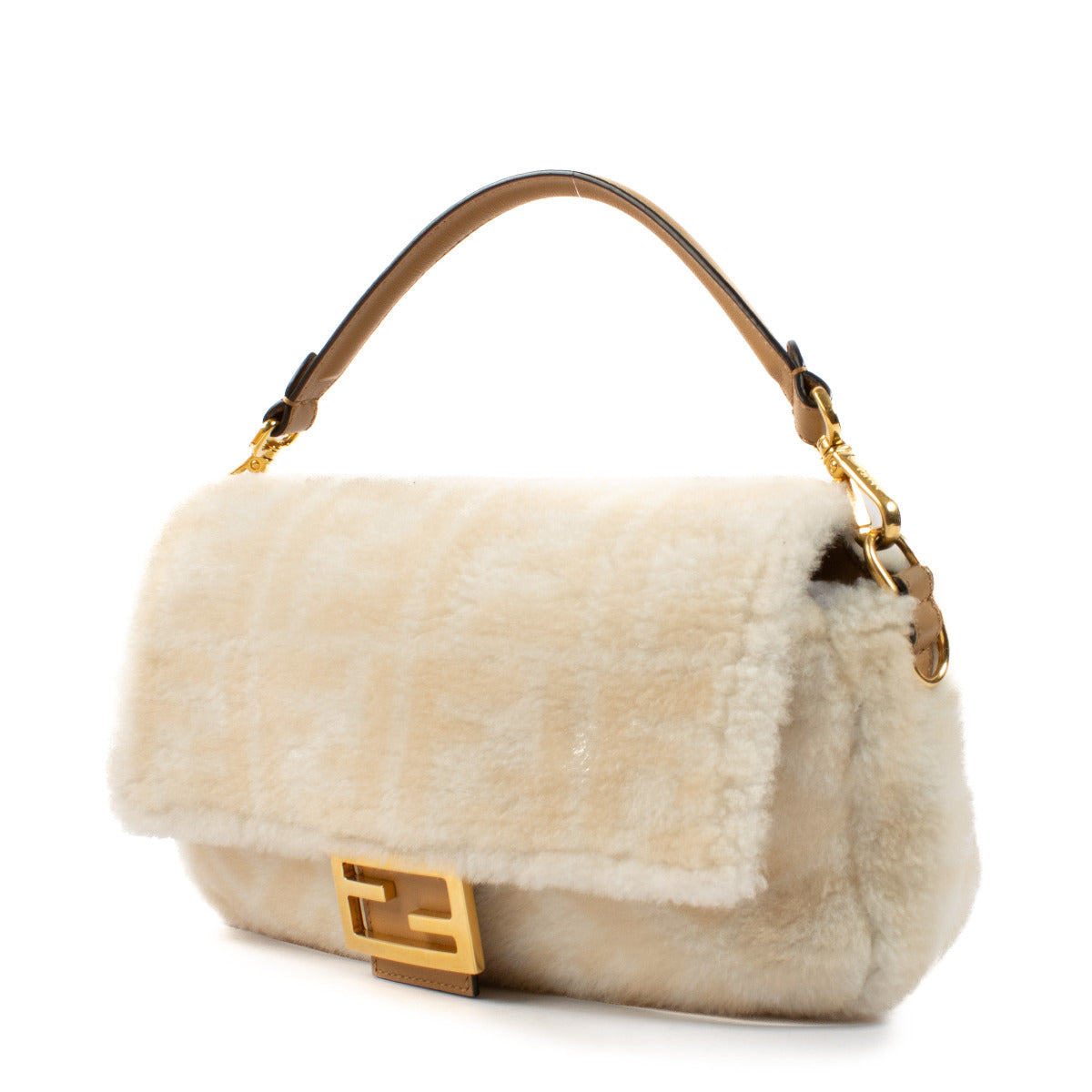 Sac Baguette Fendi en peau de mouton retournée crème FF