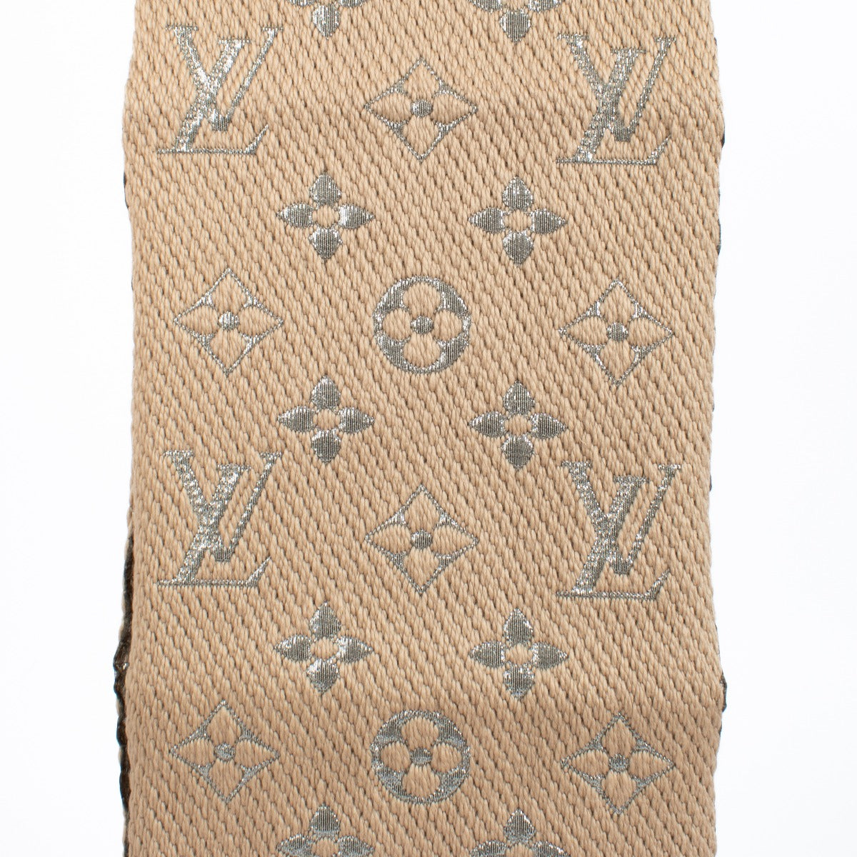 Louis Vuitton Monogram Shine Scarf in beige and silver silk-wool blend with fringed edges at Labellov.com