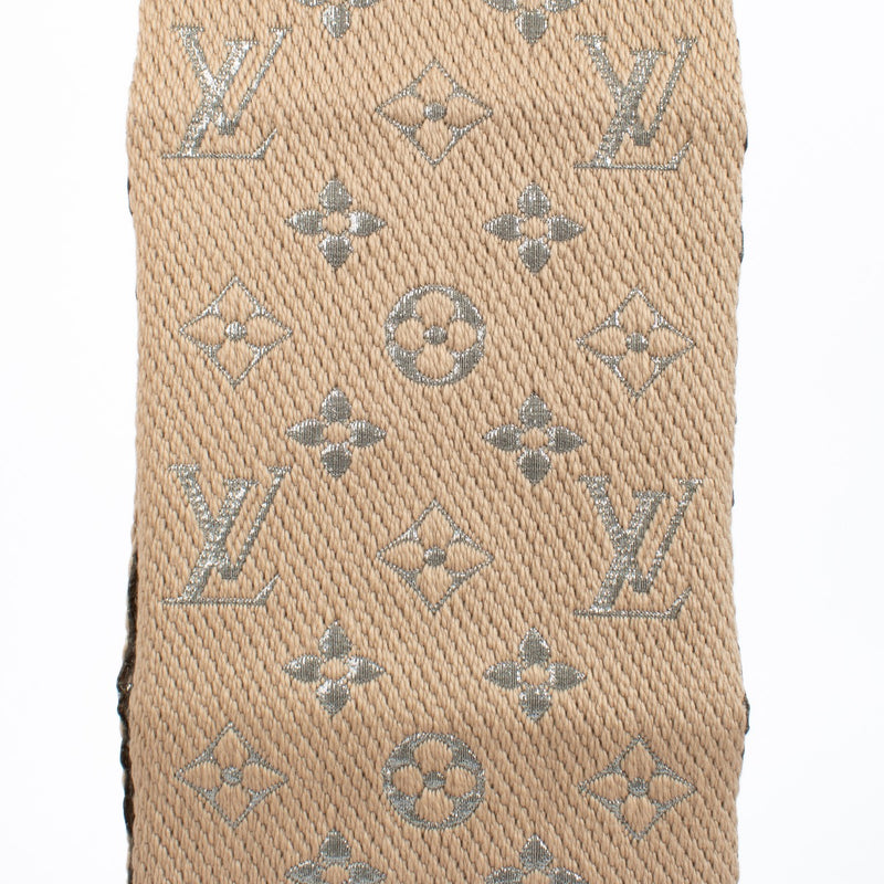 Louis Vuitton Monogram Shine Scarf in beige and silver silk-wool blend with fringed edges at Labellov.com
