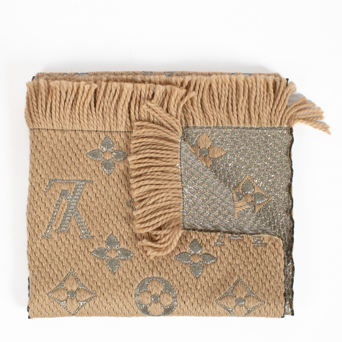 Louis Vuitton Monogram Shine Scarf in beige and silver silk-wool blend with fringed edges at Labellov.com
