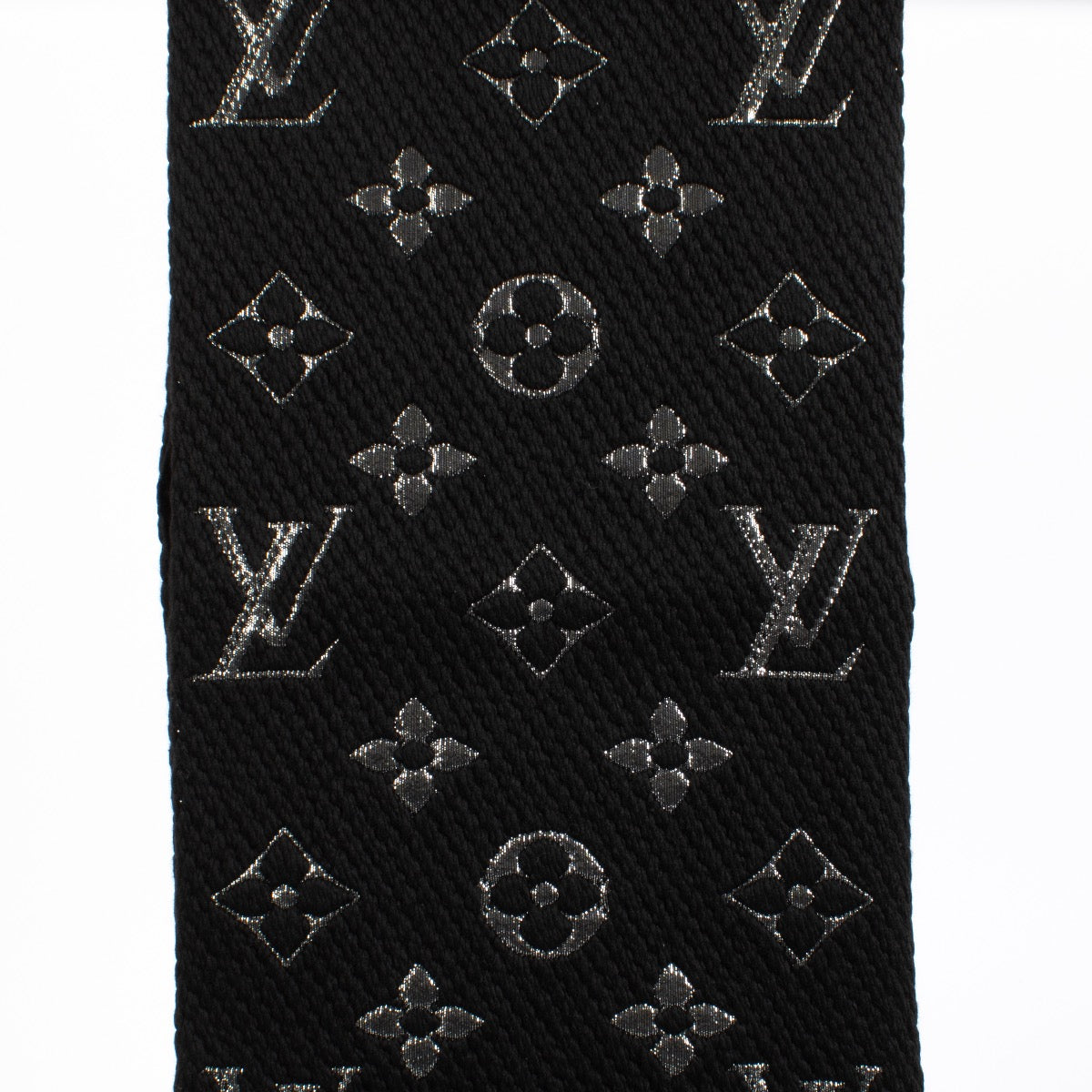 Louis Vuitton Monogram Shine Scarf in black and silver with fringed edges at Labellov.com