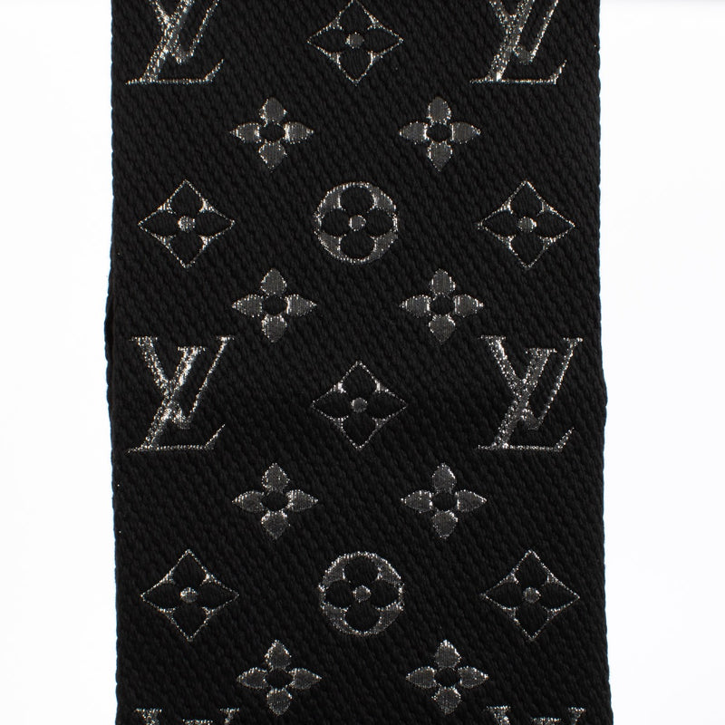 Louis Vuitton Monogram Shine Scarf in black and silver with fringed edges at Labellov.com