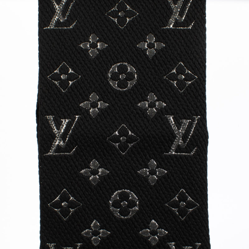 Louis Vuitton Monogram Scarf in black and silver wool-silk blend with fringed edges at Labellov.com