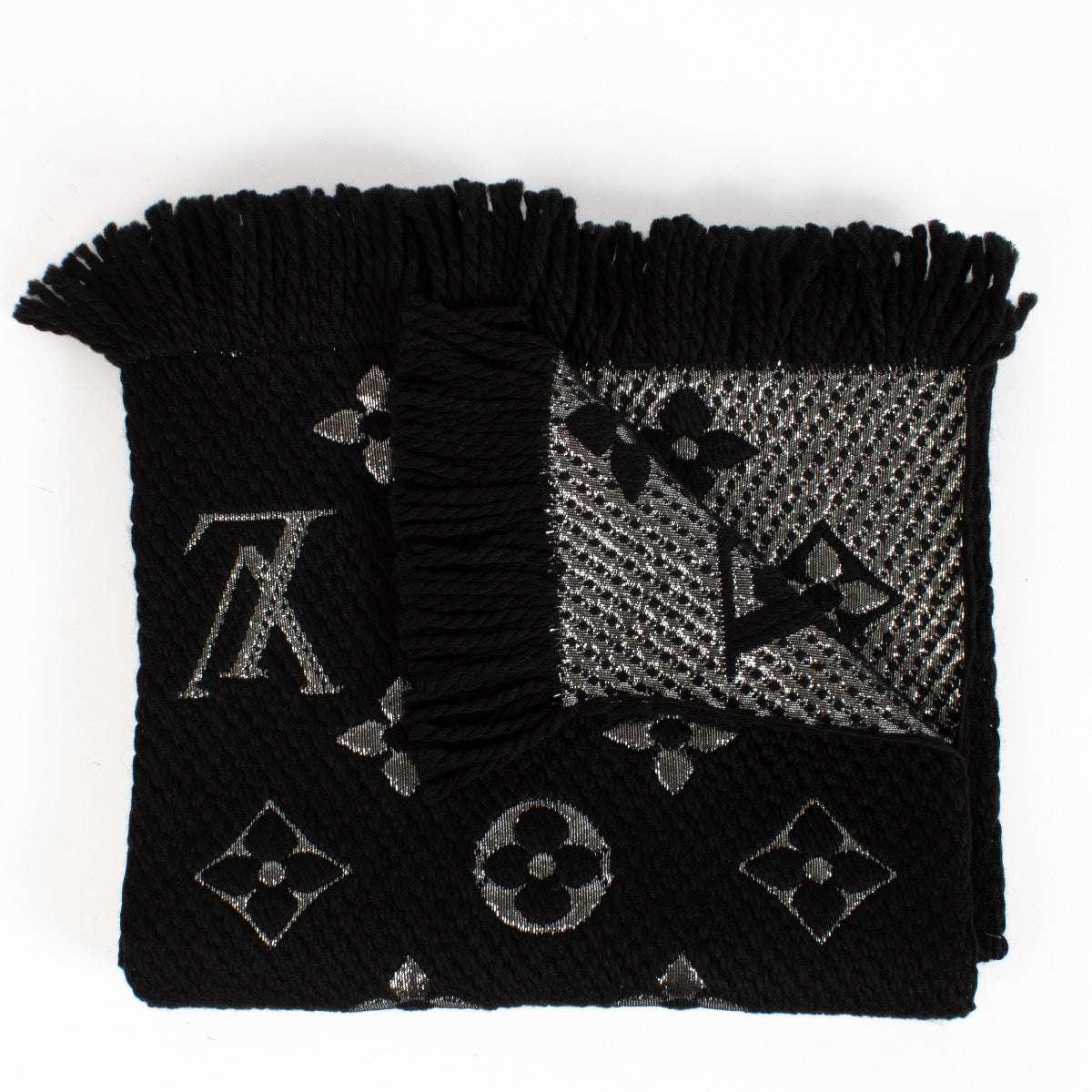Louis Vuitton Monogram Shine Scarf in black and silver with fringed edges at Labellov.com