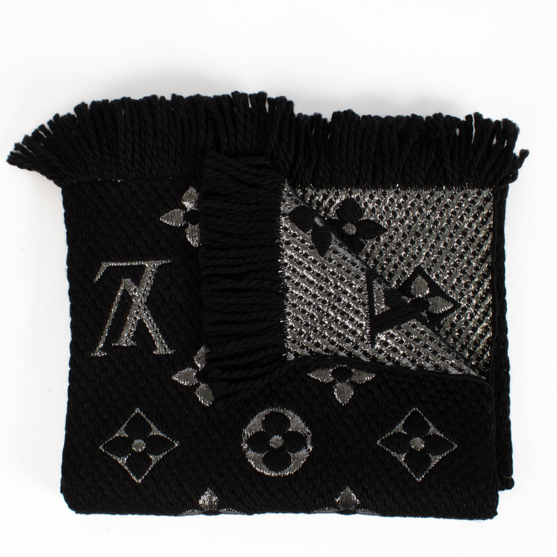 Louis Vuitton Monogram Shine Scarf in black and silver with fringed edges at Labellov.com
