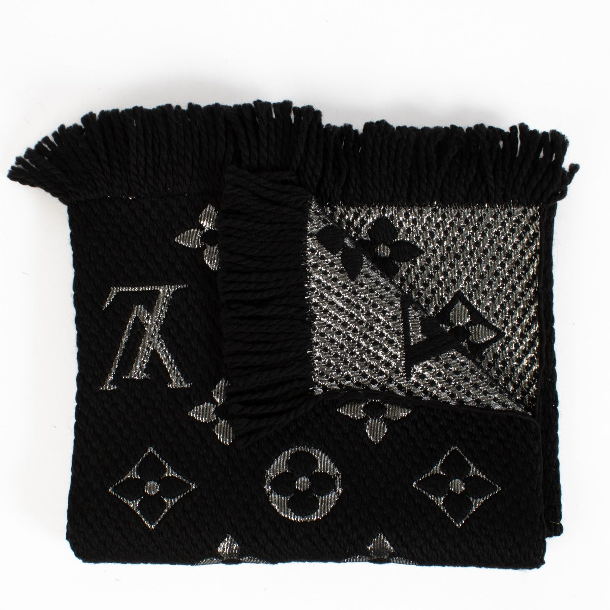 Louis Vuitton Monogram Scarf in black and silver wool-silk blend with fringed edges at Labellov.com