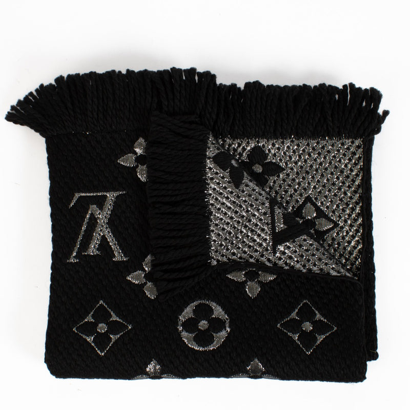 Louis Vuitton Monogram Scarf in black and silver wool-silk blend with fringed edges at Labellov.com