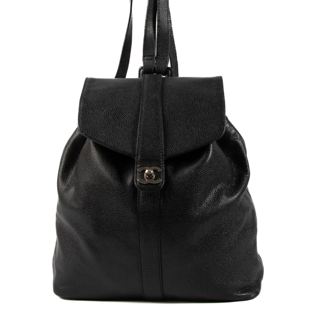 Sac à dos Chanel en cuir grainé noir avec fermoir CC