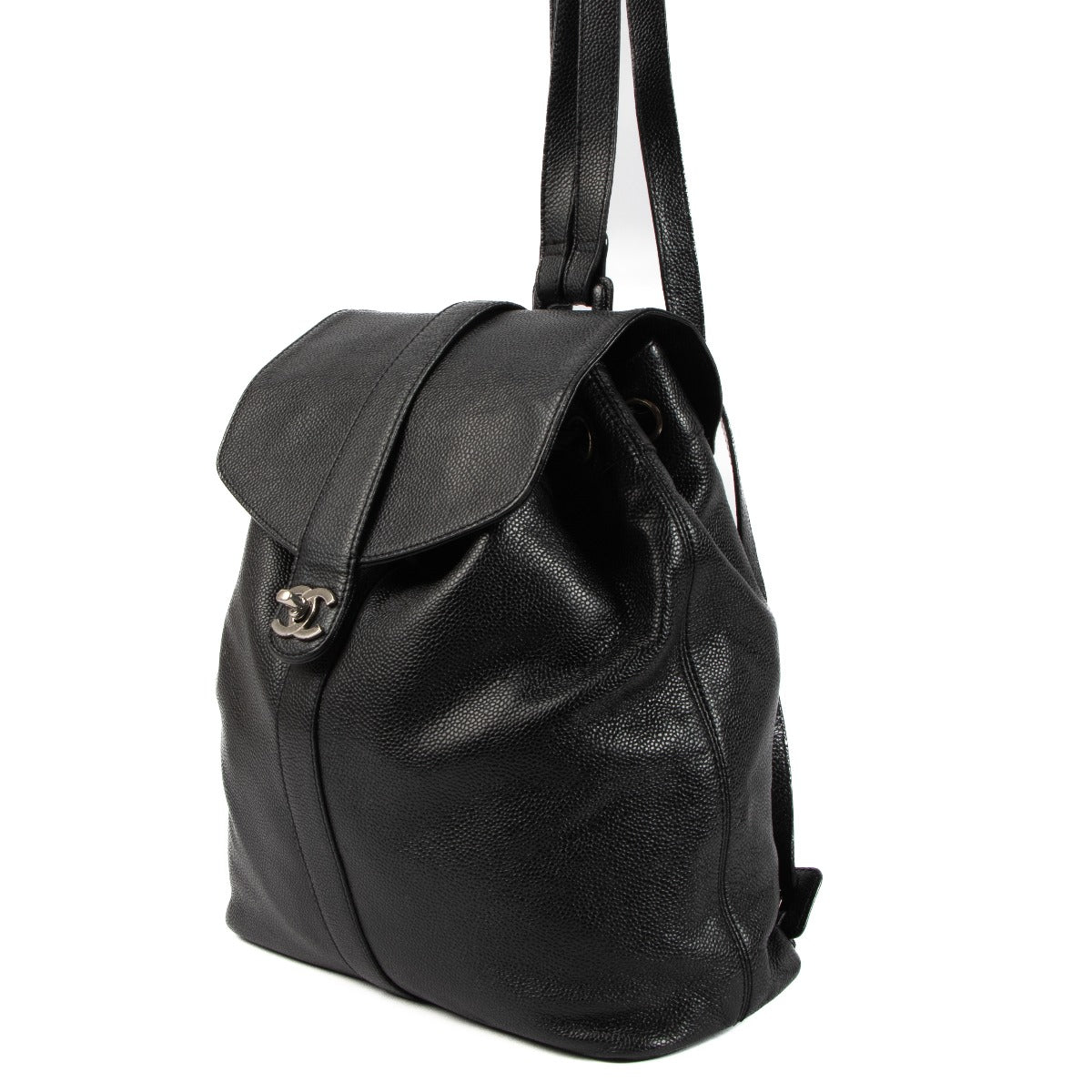Sac à dos Chanel en cuir grainé noir avec fermoir CC