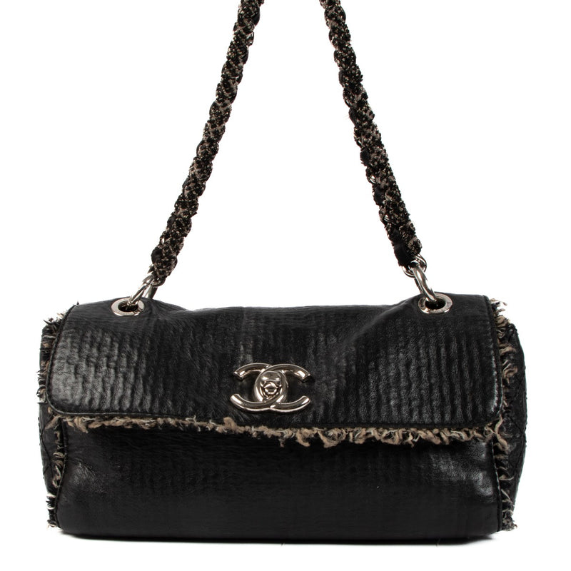 Chanel Black Leather Tweed Fringe Flap Bag