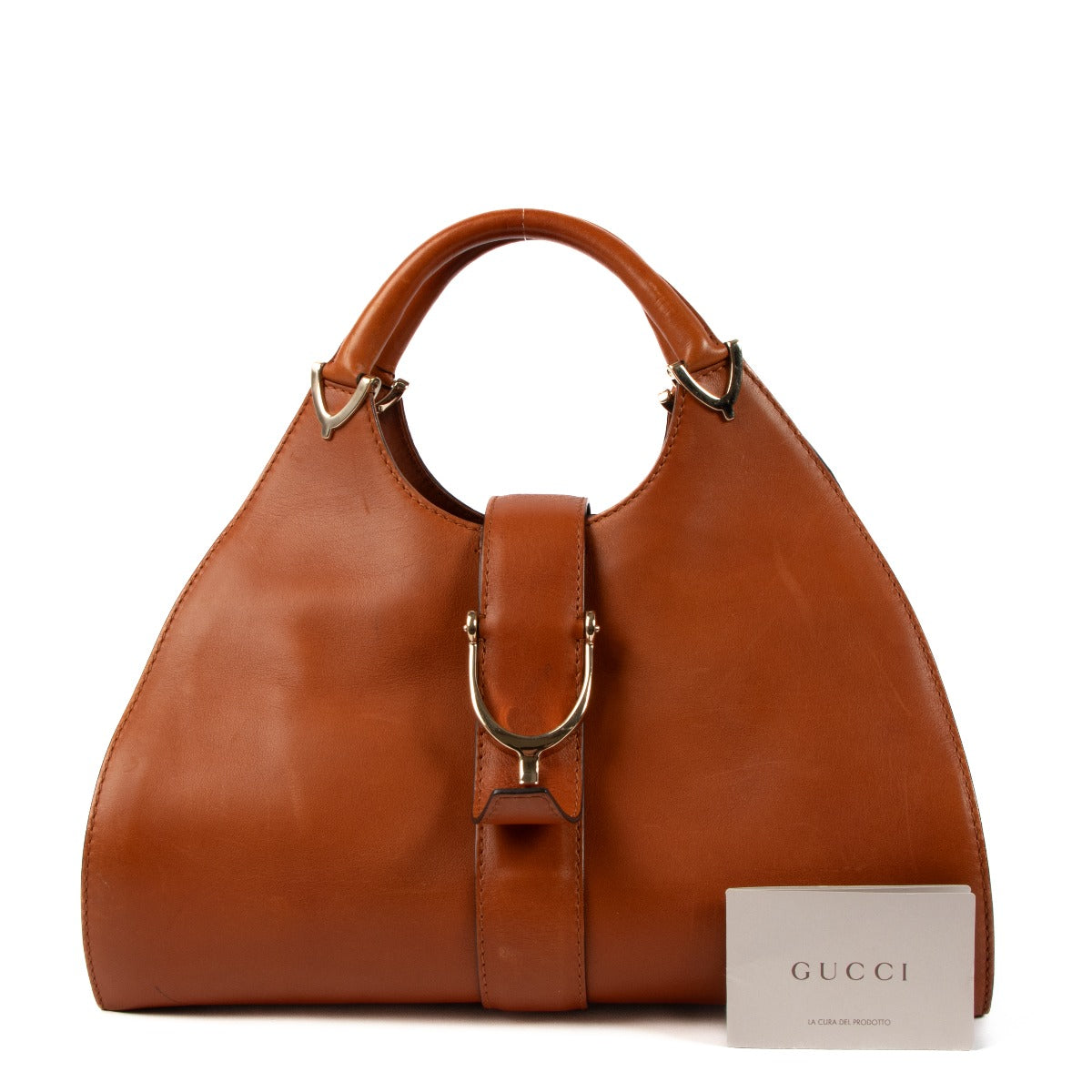 Gucci Camel Leather Stirrup Top Handle Bag