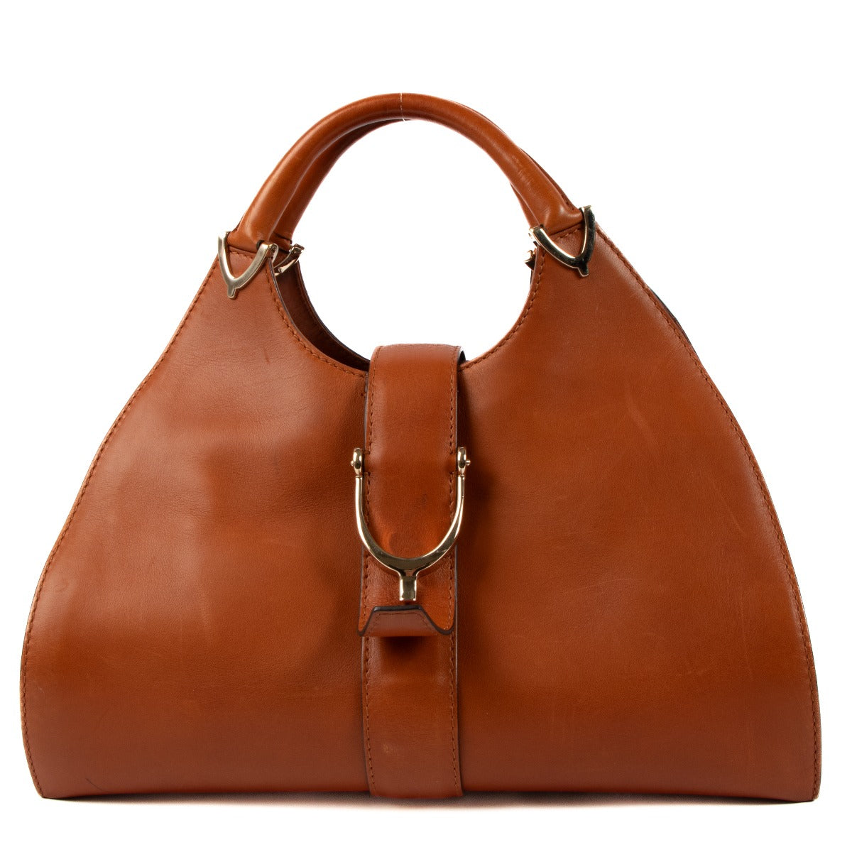 Gucci Camel Leather Stirrup Top Handle Bag