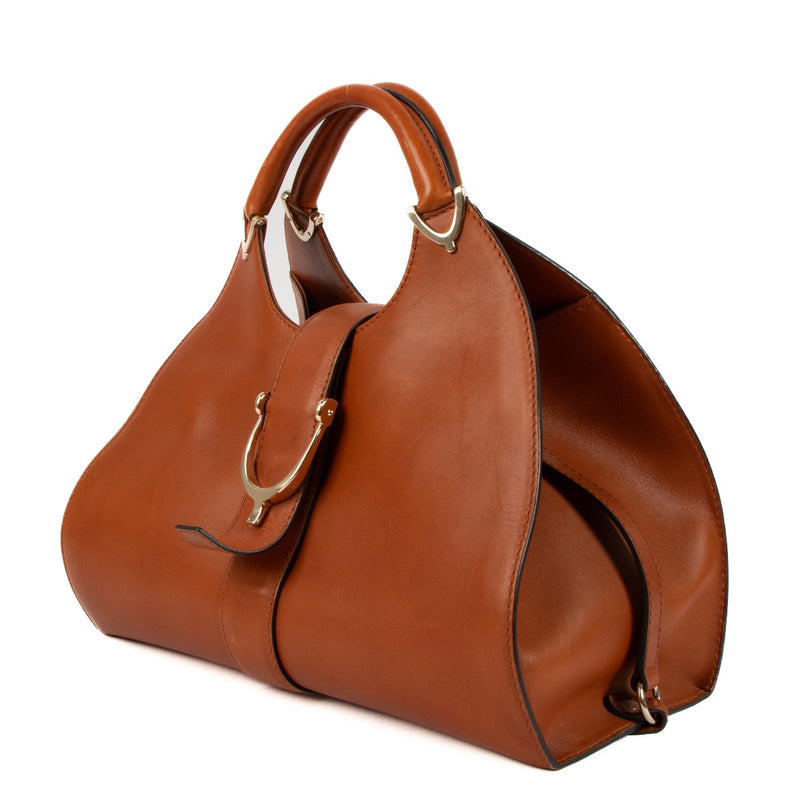 Gucci Camel Leather Stirrup Top Handle Bag