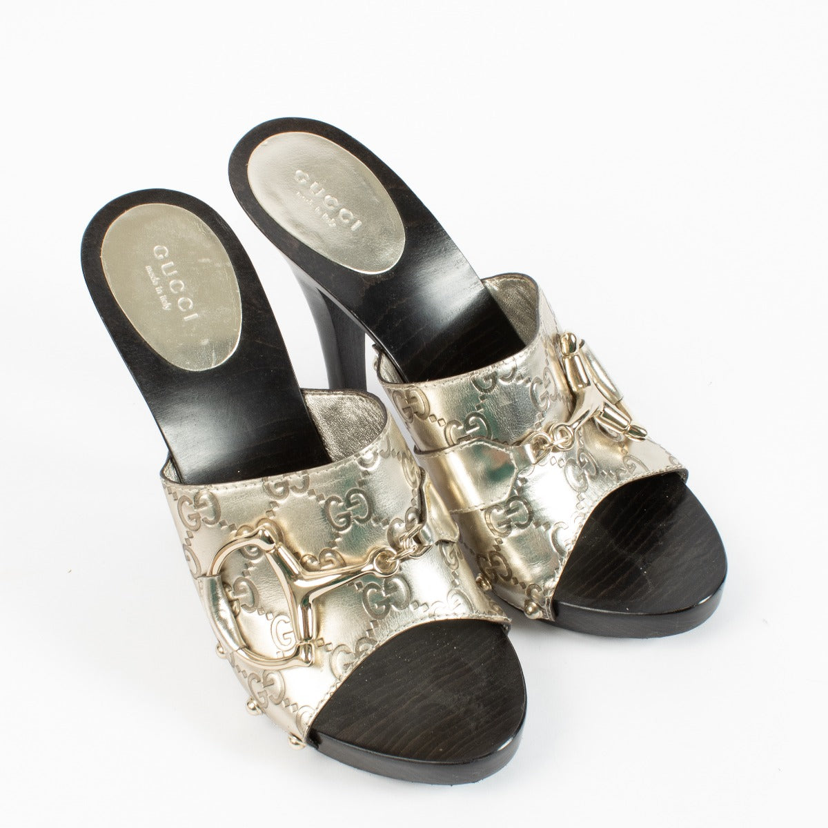 shop 100% authentic second hand Gucci Silver Horsebit Mule Heels - Size 38 on Labellov.com