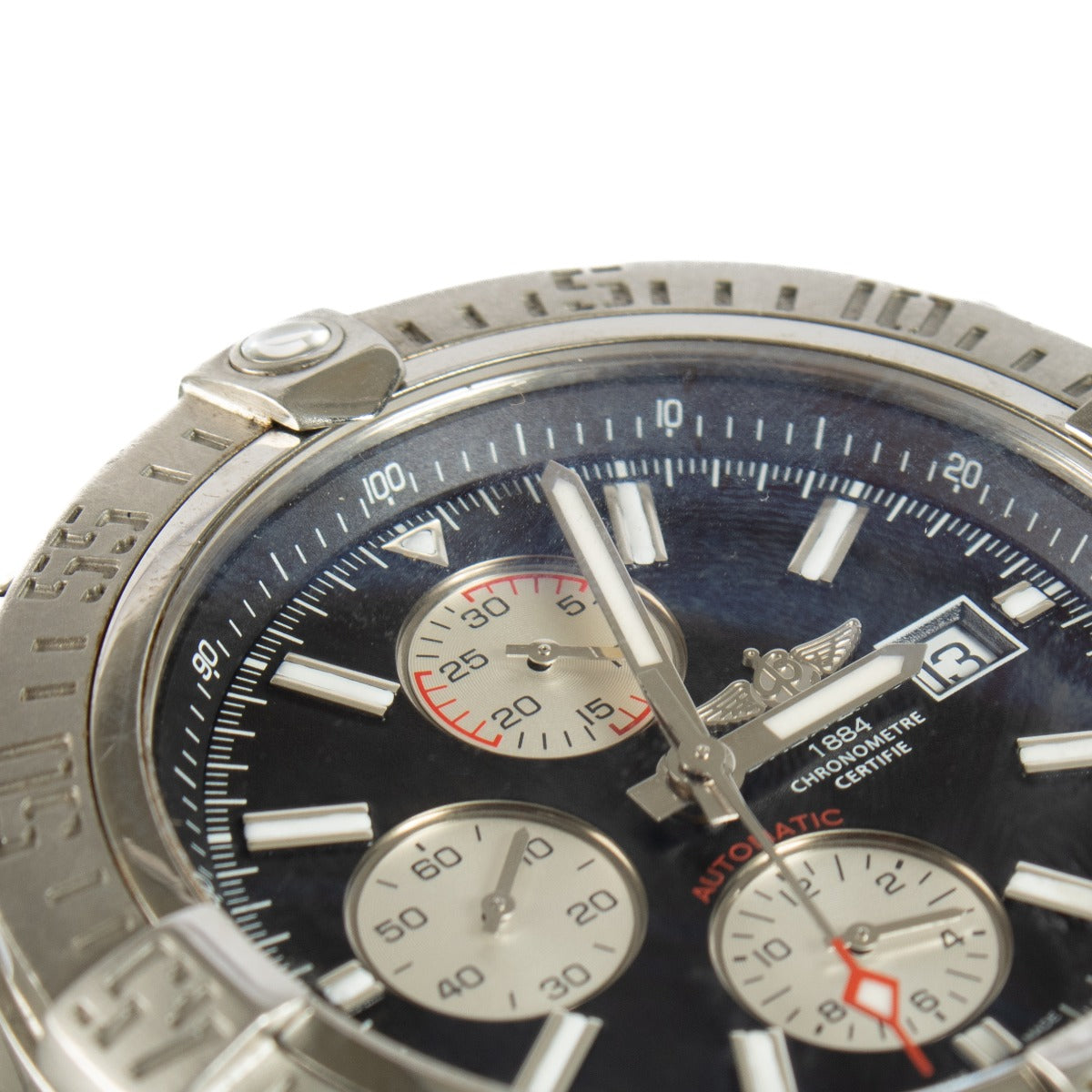 The Breitling Super Avenger II is a robust chronograph watch designed for durability and precision. It features a 48mm stainless steel case with a black dial and luminous hands for enhanced readability. Powered by a self-winding chronograph movement, it o