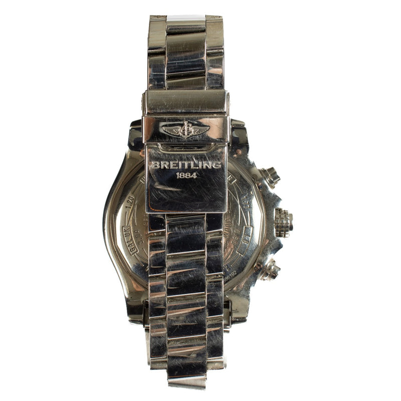 The Breitling Super Avenger II is a robust chronograph watch designed for durability and precision. It features a 48mm stainless steel case with a black dial and luminous hands for enhanced readability. Powered by a self-winding chronograph movement, it o