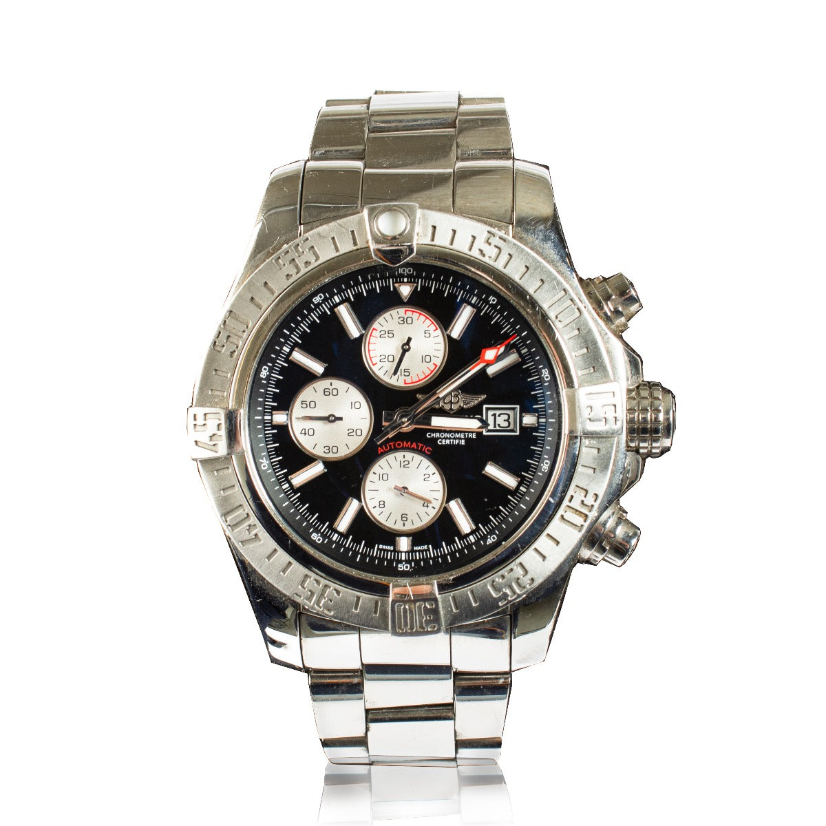 The Breitling Super Avenger II is a robust chronograph watch designed for durability and precision. It features a 48mm stainless steel case with a black dial and luminous hands for enhanced readability. Powered by a self-winding chronograph movement, it o