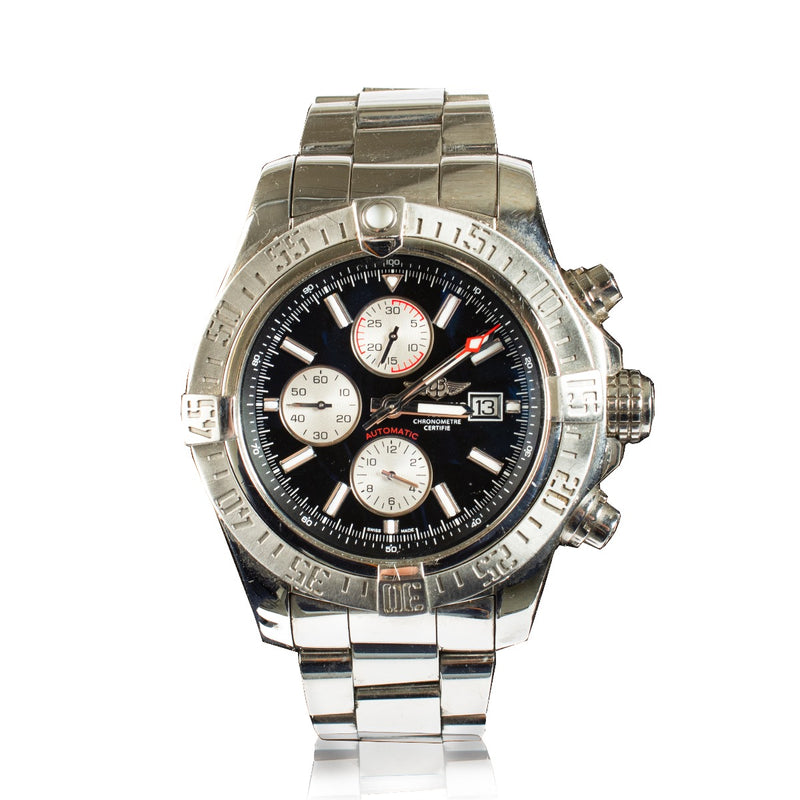 The Breitling Super Avenger II is a robust chronograph watch designed for durability and precision. It features a 48mm stainless steel case with a black dial and luminous hands for enhanced readability. Powered by a self-winding chronograph movement, it o