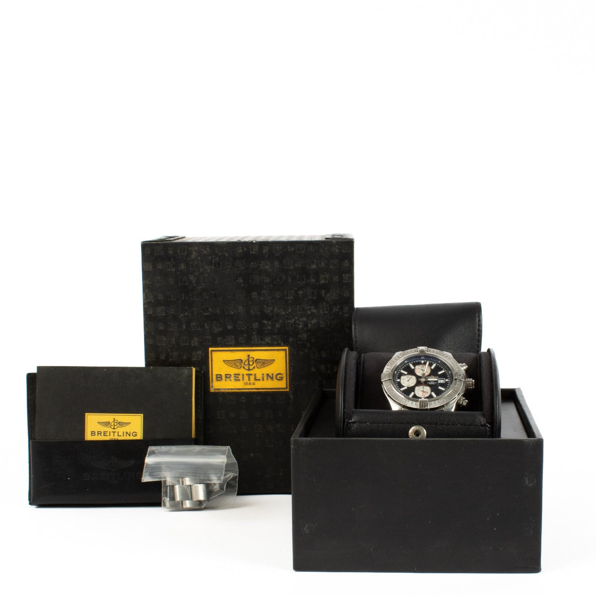 The Breitling Super Avenger II is a robust chronograph watch designed for durability and precision. It features a 48mm stainless steel case with a black dial and luminous hands for enhanced readability. Powered by a self-winding chronograph movement, it o