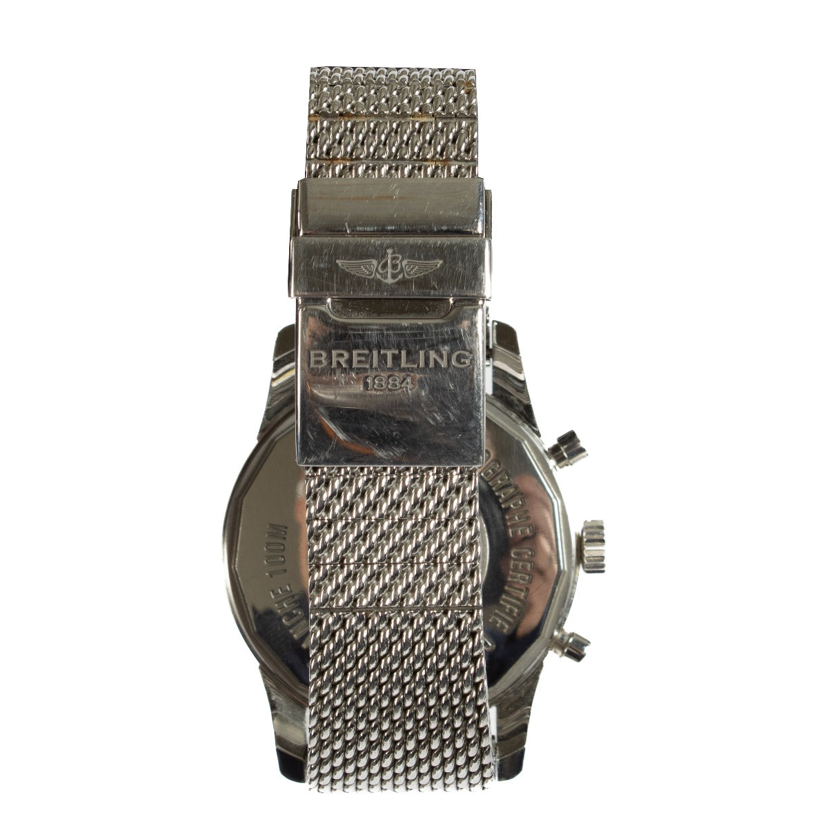 The Breitling Transocean Chronograph is a sophisticated timepiece featuring a 43mm stainless steel case, a sleek black dial, and a transparent case back. It comes complete with original booklets and a certificate of authenticity. Shop now at Labellov.