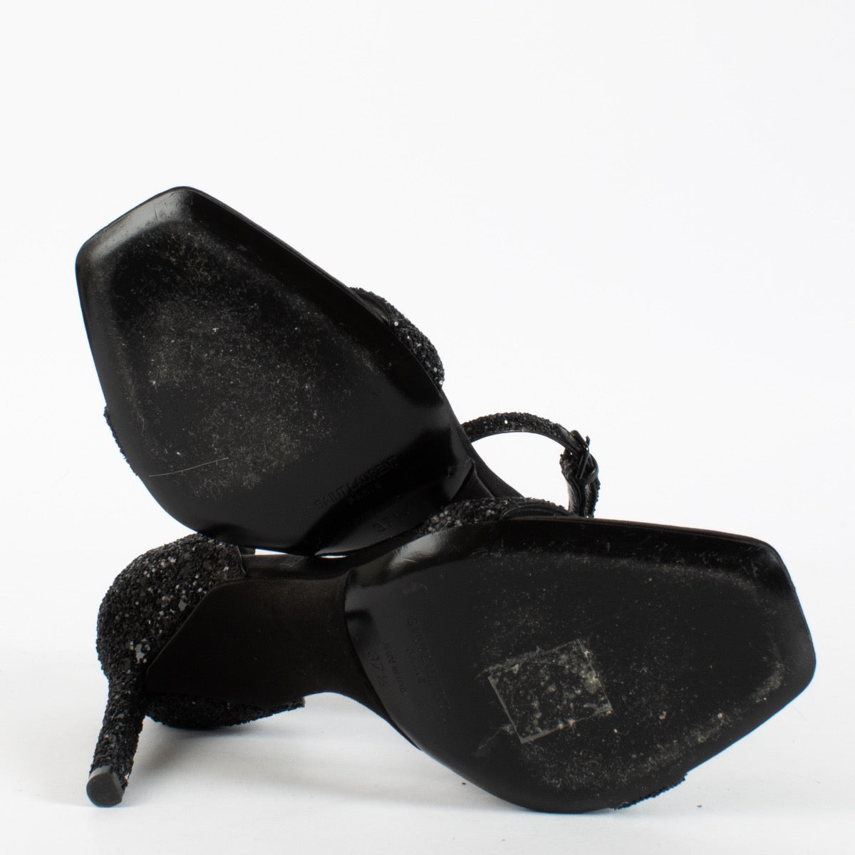 Authentic pre-loved Saint Laurent Black Glitter Amber 105 Sandals — Size 37.5 on Labellov.com