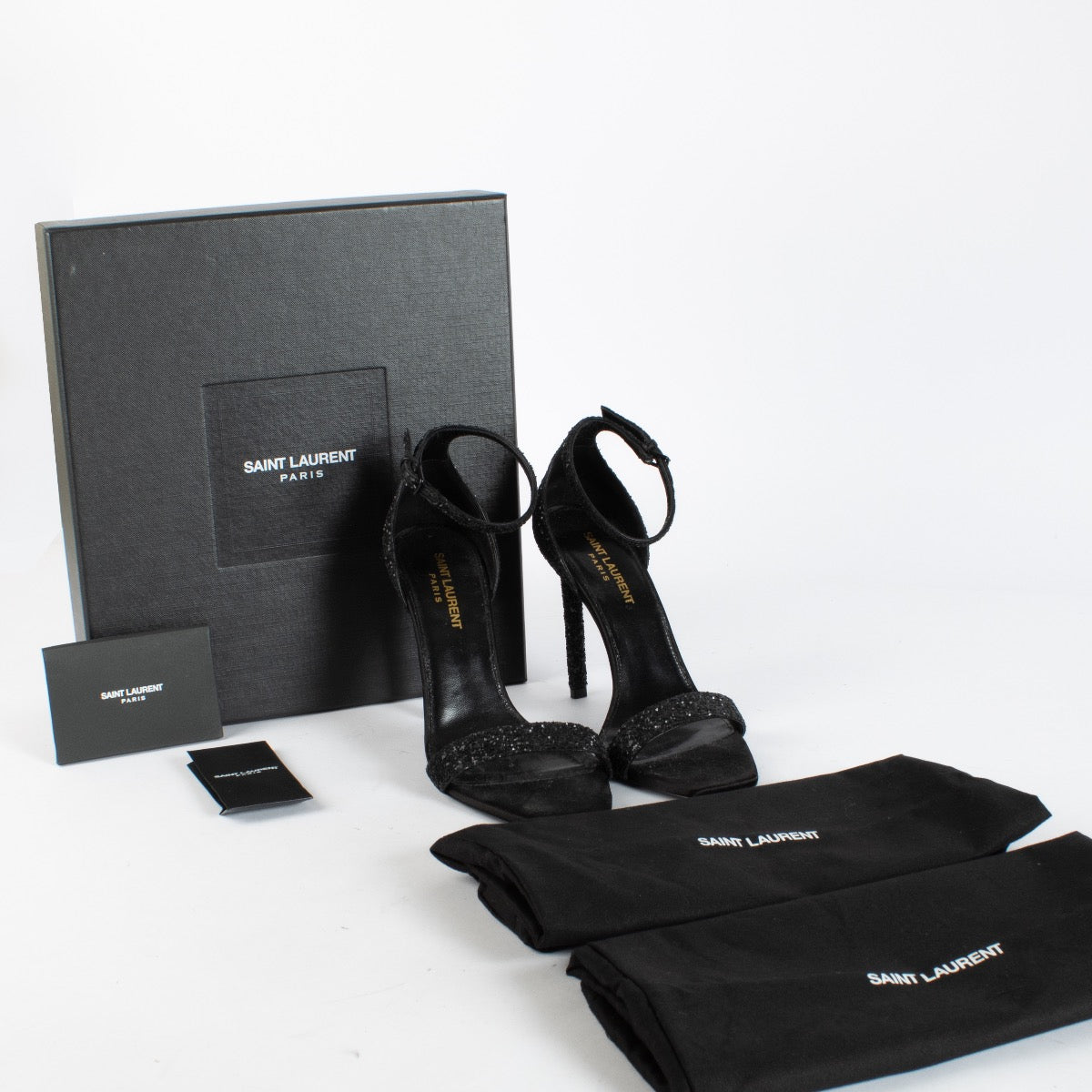 Authentic pre-loved Saint Laurent Black Glitter Amber 105 Sandals — Size 37.5 on Labellov.com