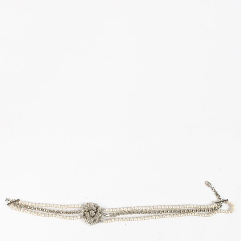 Valentino Garavani Silver Flower Crystal and Pearl Necklace