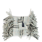Burberry Baby Blue Check Scarf made from a blend of merino wool, angora, and cashmere, featuring the iconic check pattern in a soft baby blue color. Shop now on Labellov.com.