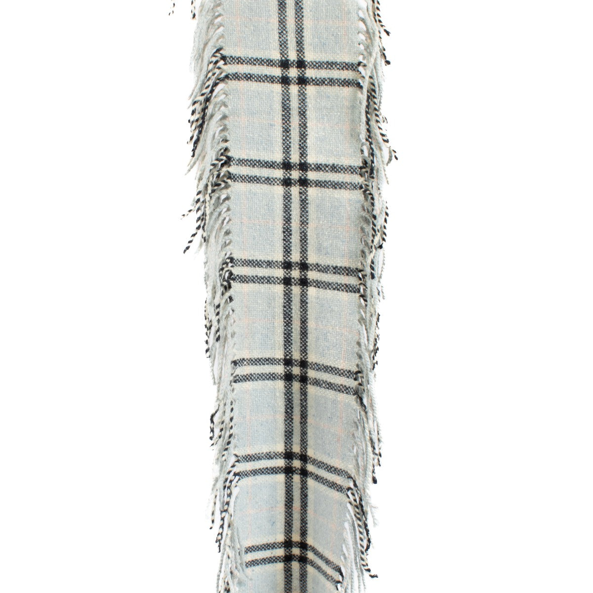 Burberry Baby Blue Check Scarf made from a blend of merino wool, angora, and cashmere, featuring the iconic check pattern in a soft baby blue color. Shop now on Labellov.com.