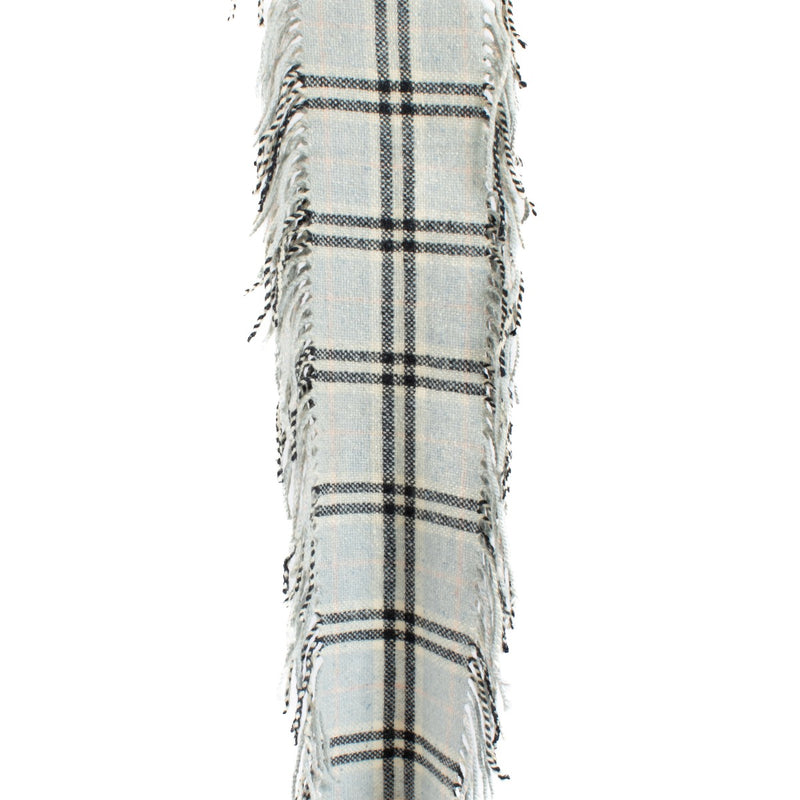 Burberry Baby Blue Check Scarf made from a blend of merino wool, angora, and cashmere, featuring the iconic check pattern in a soft baby blue color. Shop now on Labellov.com.