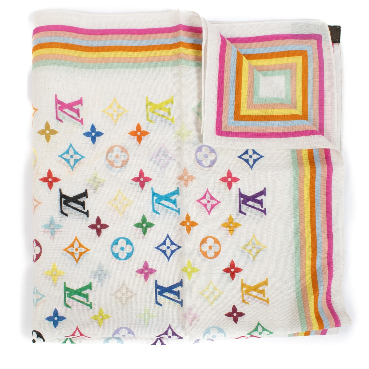 Louis Vuitton Murakami White Monogram Multicolore Square 55 Scarf featuring a vibrant multicolored monogram pattern on a white background. Shop now on Labellov.com.