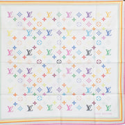 Louis Vuitton Murakami White Monogram Multicolore Square 55 Scarf featuring a vibrant multicolored monogram pattern on a white background. Shop now on Labellov.com.