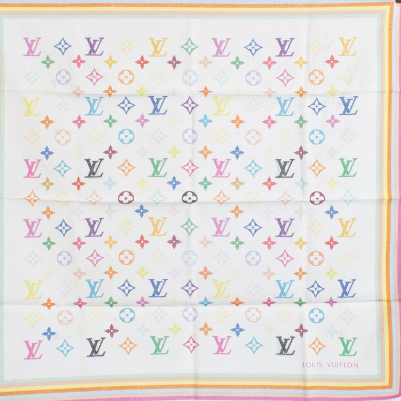 Louis Vuitton Murakami White Monogram Multicolore Square 55 Scarf featuring a vibrant multicolored monogram pattern on a white background. Shop now on Labellov.com.