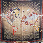 Louis Vuitton World Map Square 90 Scarf featuring an intricate world map design in vibrant colors, crafted from luxurious silk. Shop now on Labellov.com.