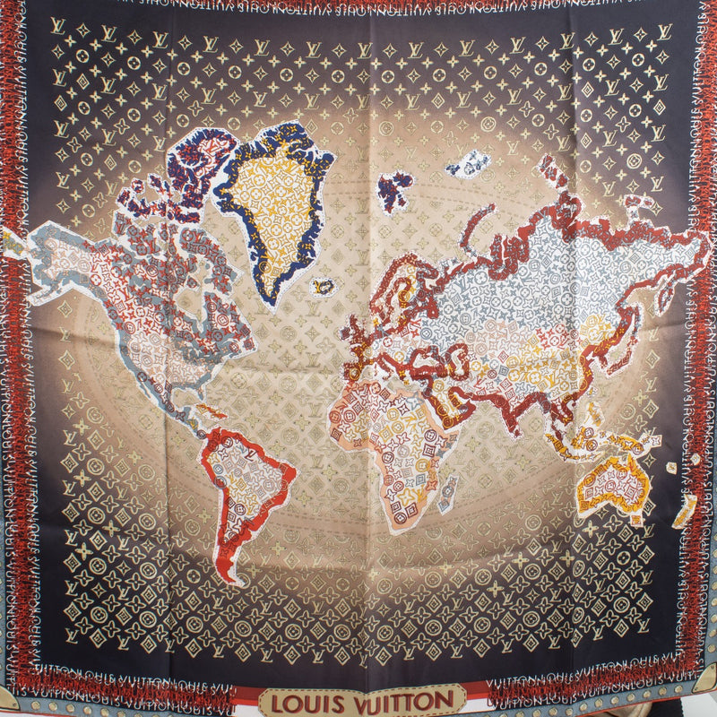 Louis Vuitton World Map Square 90 Scarf featuring an intricate world map design in vibrant colors, crafted from luxurious silk. Shop now on Labellov.com.