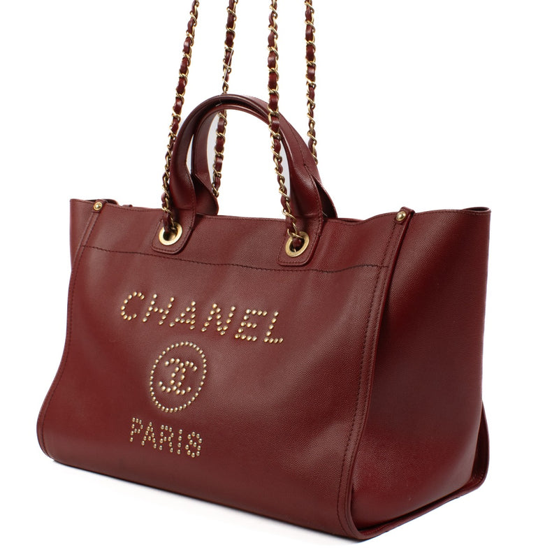 Chanel Burgundy Caviar Studded Deauville Large Tote Bag
