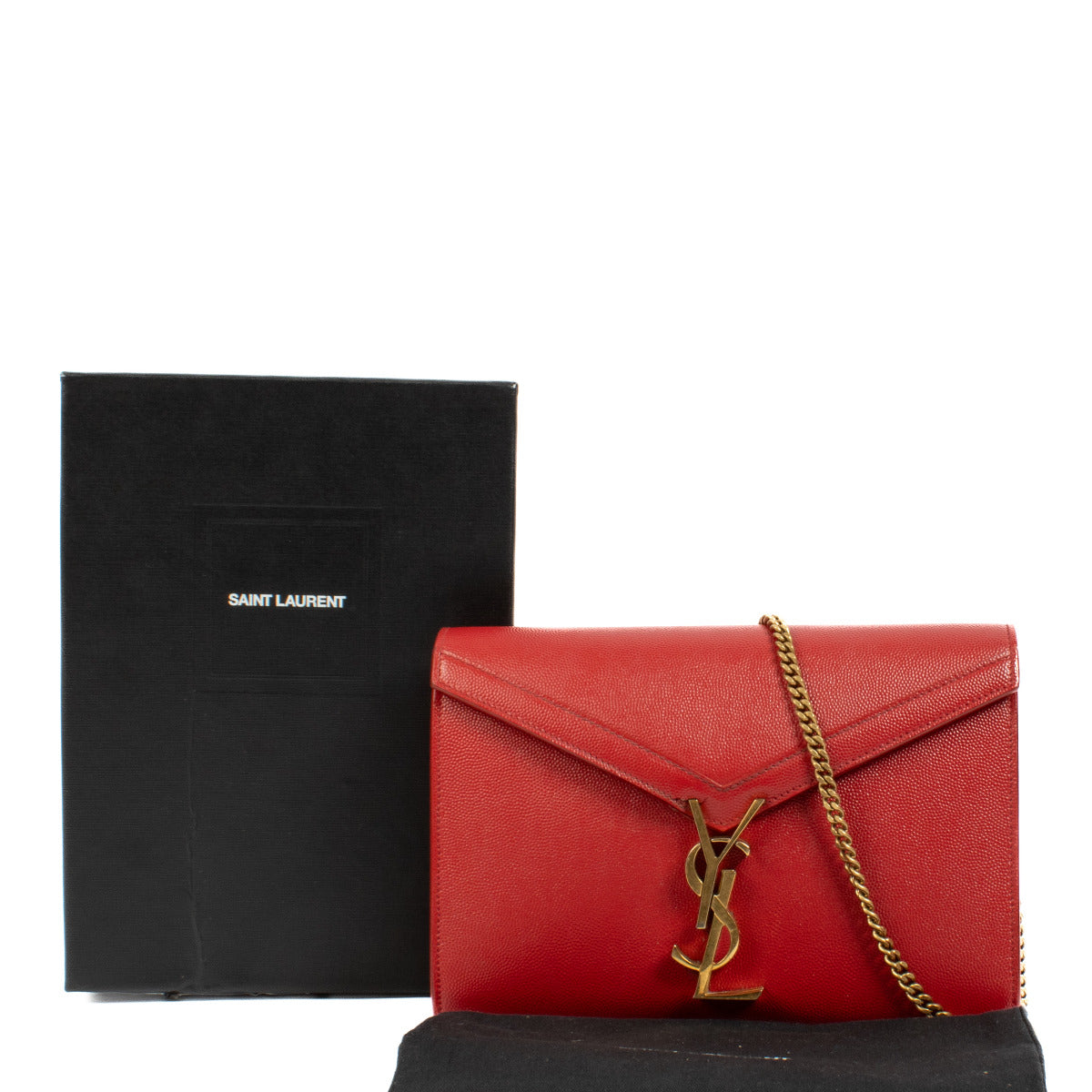 Saint Laurent Cherry Red Leather Cassandra Wallet on Chain with box and dust bag available online.