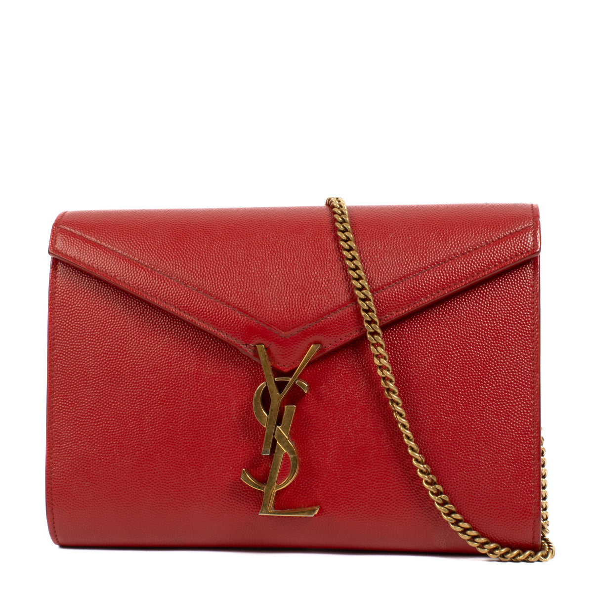 Saint Laurent Cherry Red Leather Cassandra Wallet on Chain for the best price at Labellov secondhand luxury in Antwerp and Knokke.