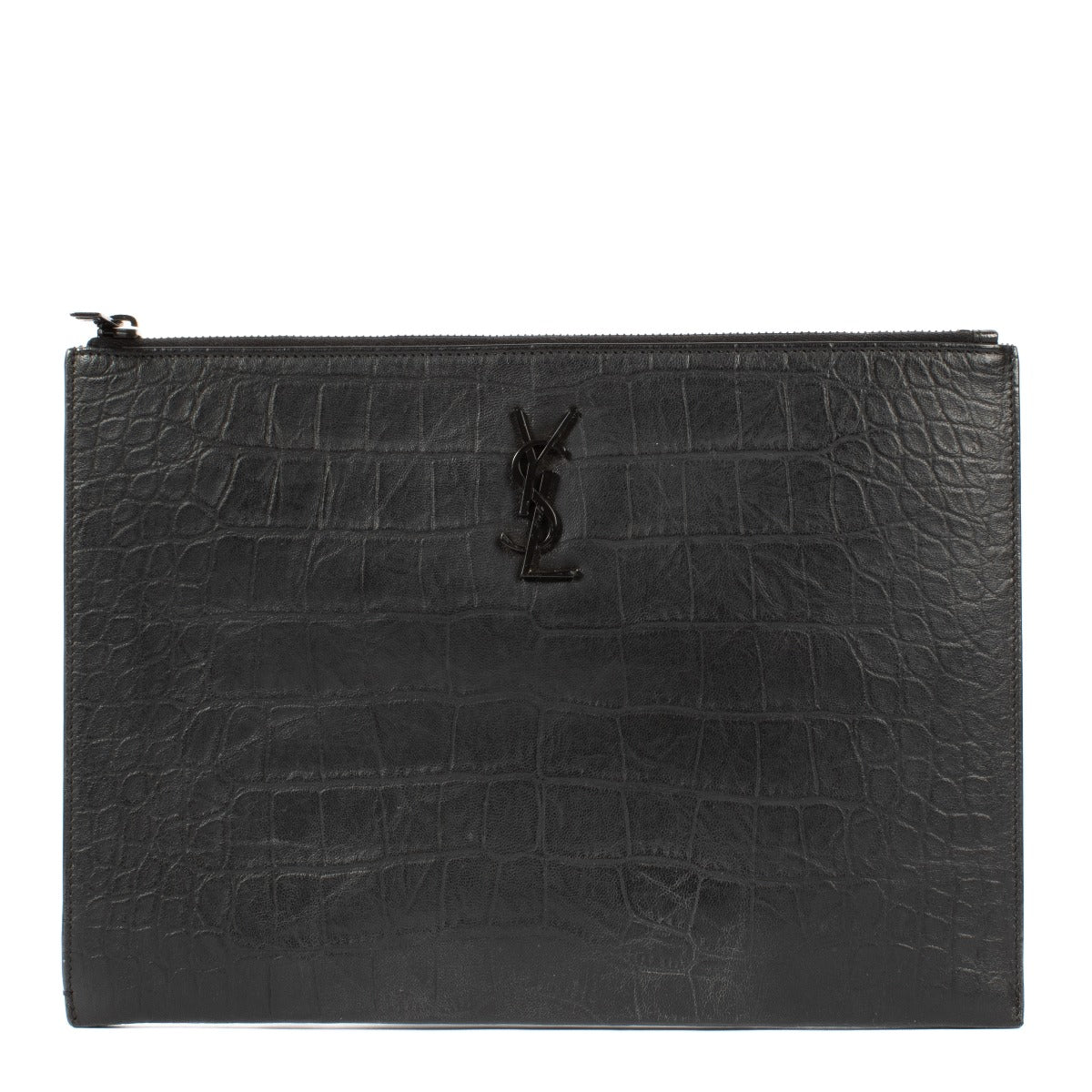 Saint Laurent So Black Croc Embossed Leather Monogram Pouch